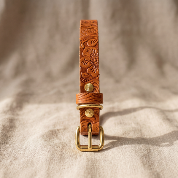 Doggy with Style Hundehalsband Leder mit Schnalle, Floralis-schmal, Cognac