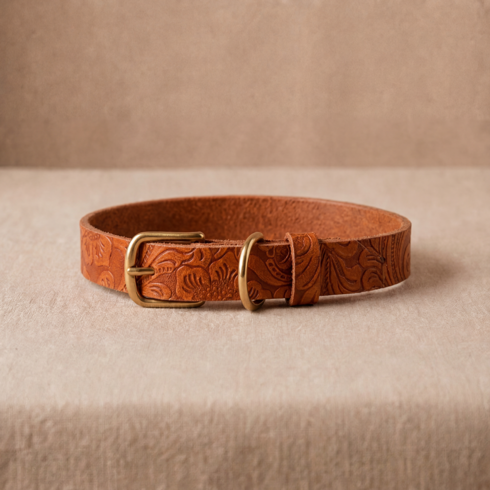 Doggy with Style Hundehalsband Leder mit Schnalle, Floralis-schmal, Cognac