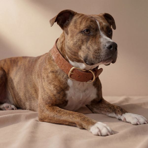 Doggy with Style Hundehalsband Leder mit Schnalle, Floralis-breit, Cognac